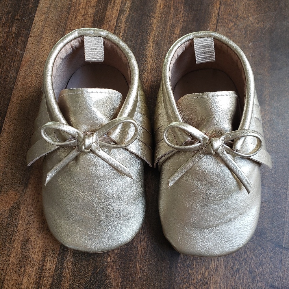 Gold Faux-Leather Moccasin Booties for Baby